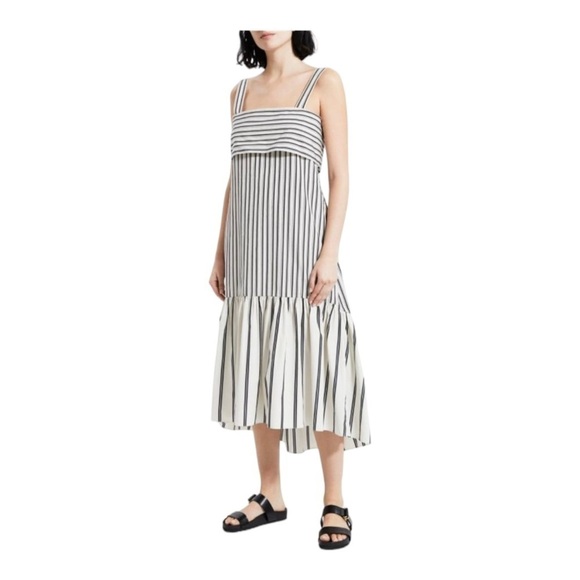 Theory Stripe Cotton Tie Back Open Back Midi Dress Gray White Size L NWT - Picture 7 of 16